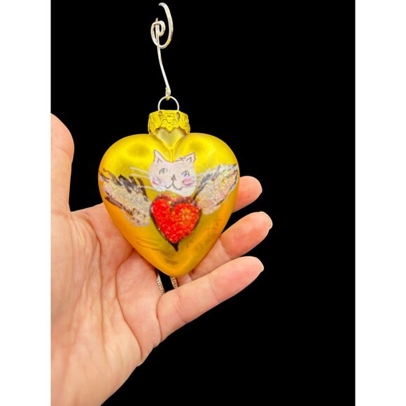 Hand-Painted Heart-Shaped Glass Ornament Painted With Cat & Wings Design - Picture 5 of 7